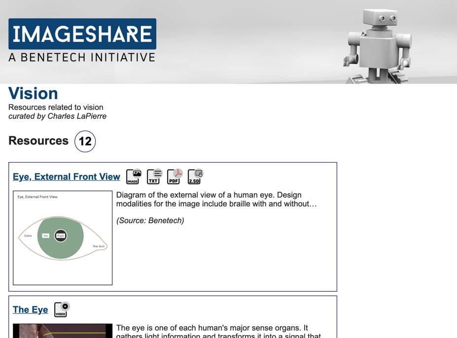 Screenshot of the Imageshare search results page showing multiple types of media results for the term "vision"