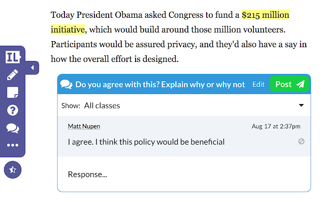 screenshot of InsertLearning showing the InsertLearning toolbar on the left and a column on text on the right. A discussion has been embedded in the text with student responses